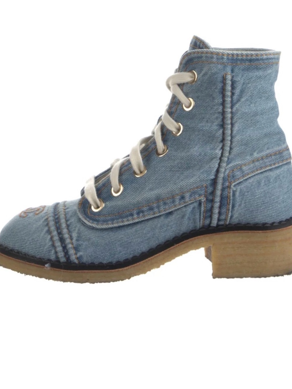 CHANEL Light Blue Denim Lace-Up Ankle Boots with Cream Laces - Picture 4 of 5